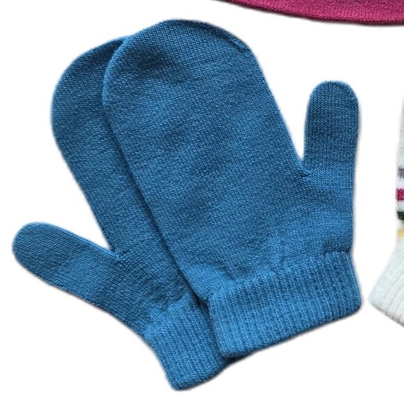 Xhiliration Toddler Knit Beanie White w/ Pink Trim 2 Prs Knit Mittens Blue Multi - Picture 3 of 4